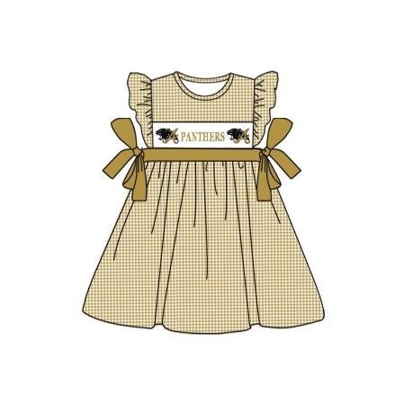custom style PANTHERS golden checkered flutter sleeve girls bows dress