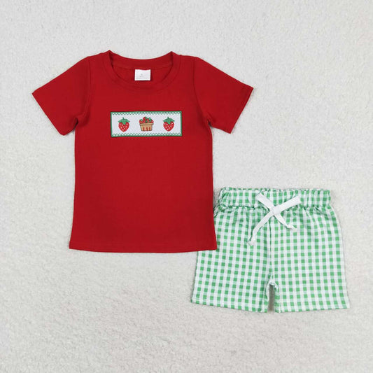 BSSO0810 embroidery strawberry red short sleeve green checkered shorts boys set