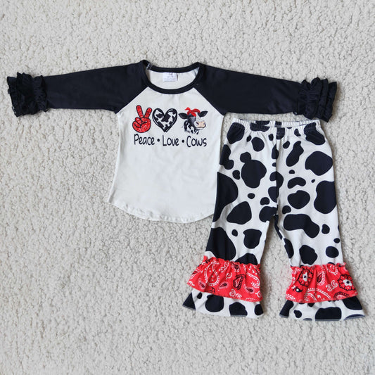 6 B12-29 Peace Love Cows Raglan Ruffles Sleeve Casual Kids Outfits