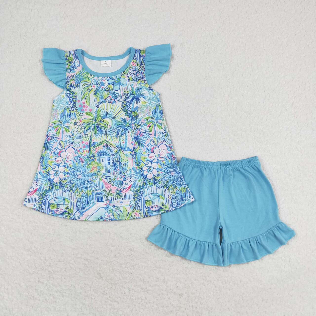 GSSO1084 blue house flowers flutter sleeve blue shorts girls set bright color