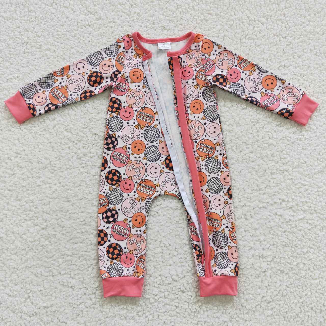 LR0297 Merry Christmas Smile Pink Long Sleeves Kids Romper