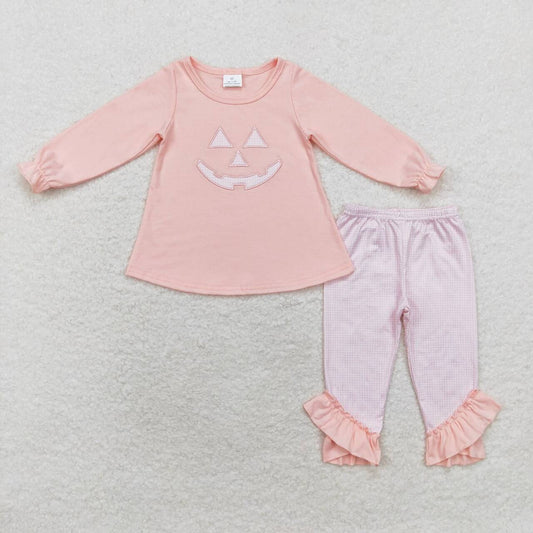GLP1342 embroidery Halloween smile pumpkin pink long sleeve checkered pants girls set