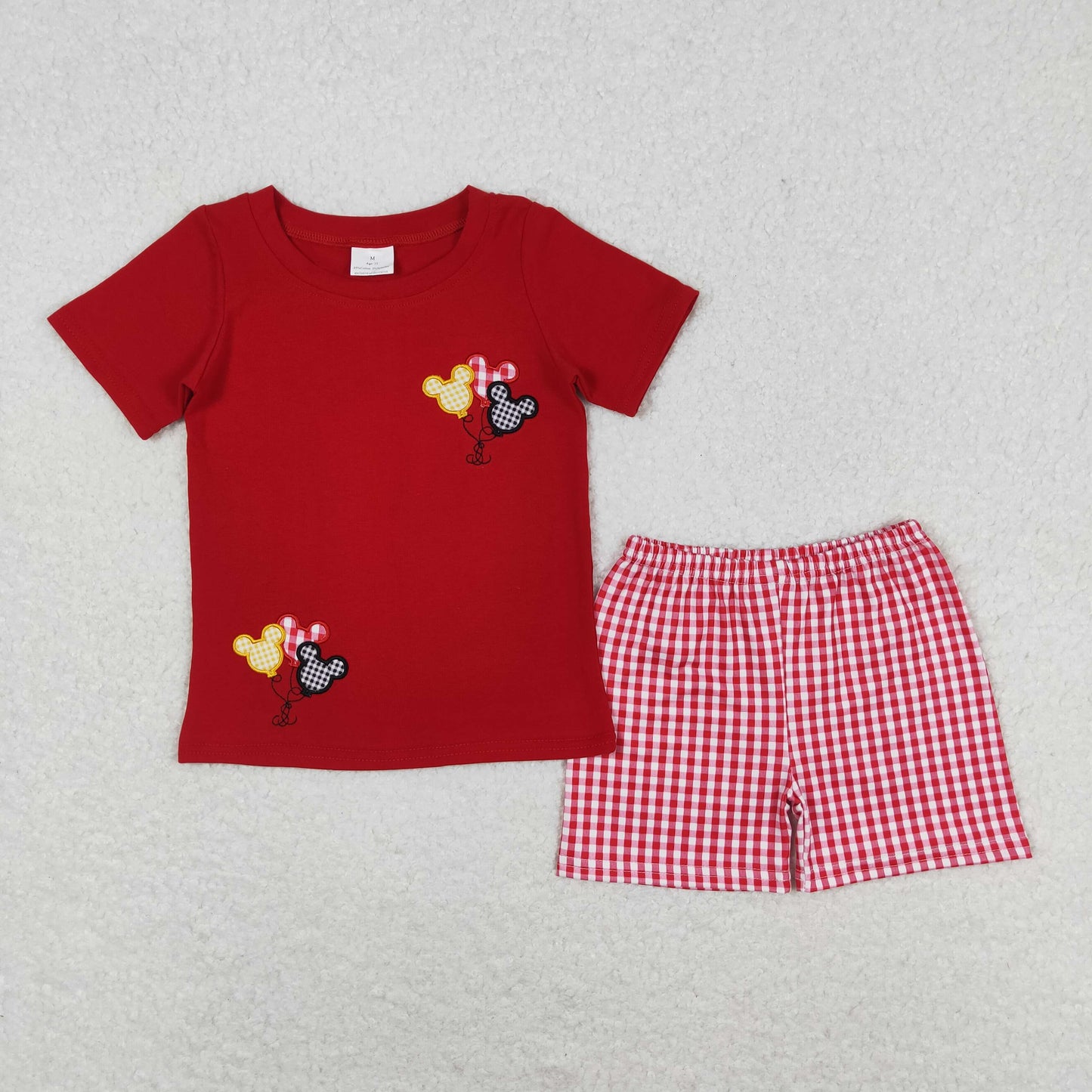 BSSO0652 embroidery Cartoon M red short sleeve red checkered shorts boys set