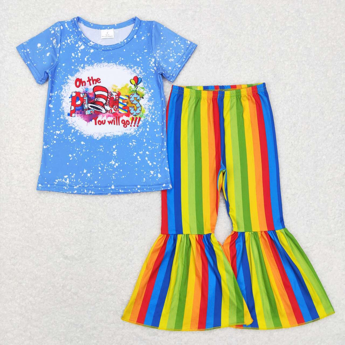 GSPO0924 Dr blue short sleeve colorful striped pants girls set