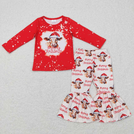 GLP0868 Merry Christmas cow red long sleeve girls set
