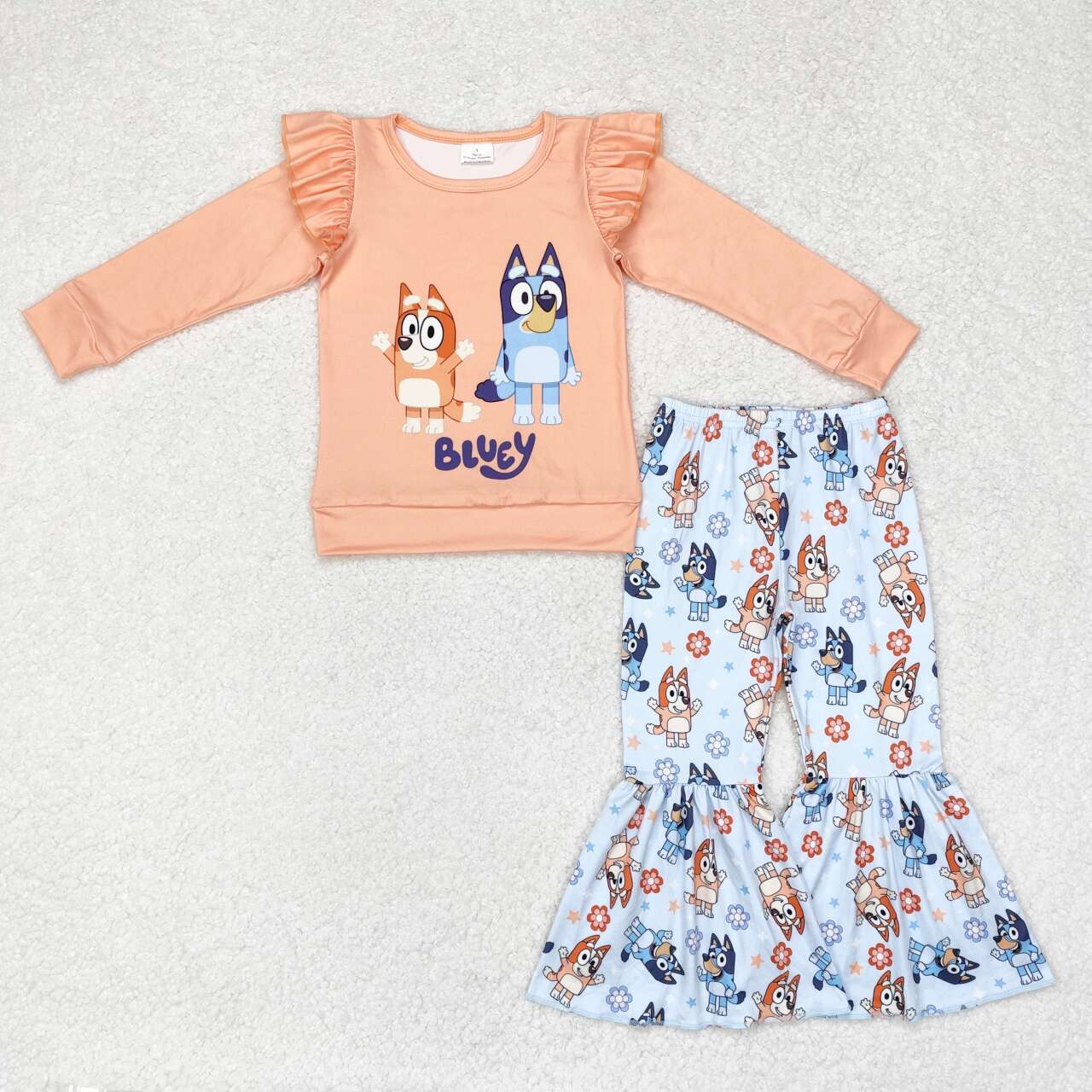 GLP1363 cartoon blue dog orange long sleeve blue flowers pants girls set