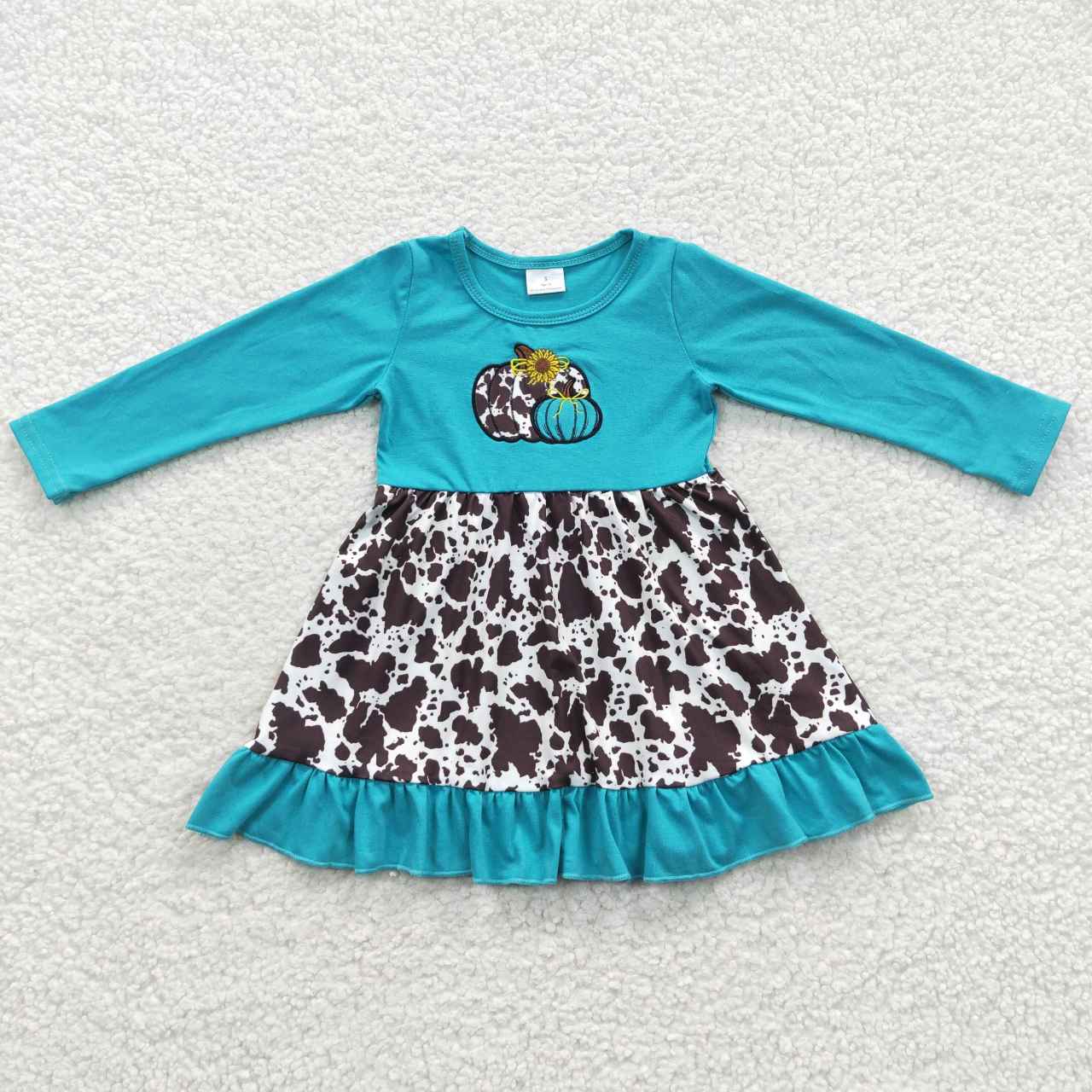 GLD0211 Pumpkin Flowers Blue Long Sleeves Girls Dress