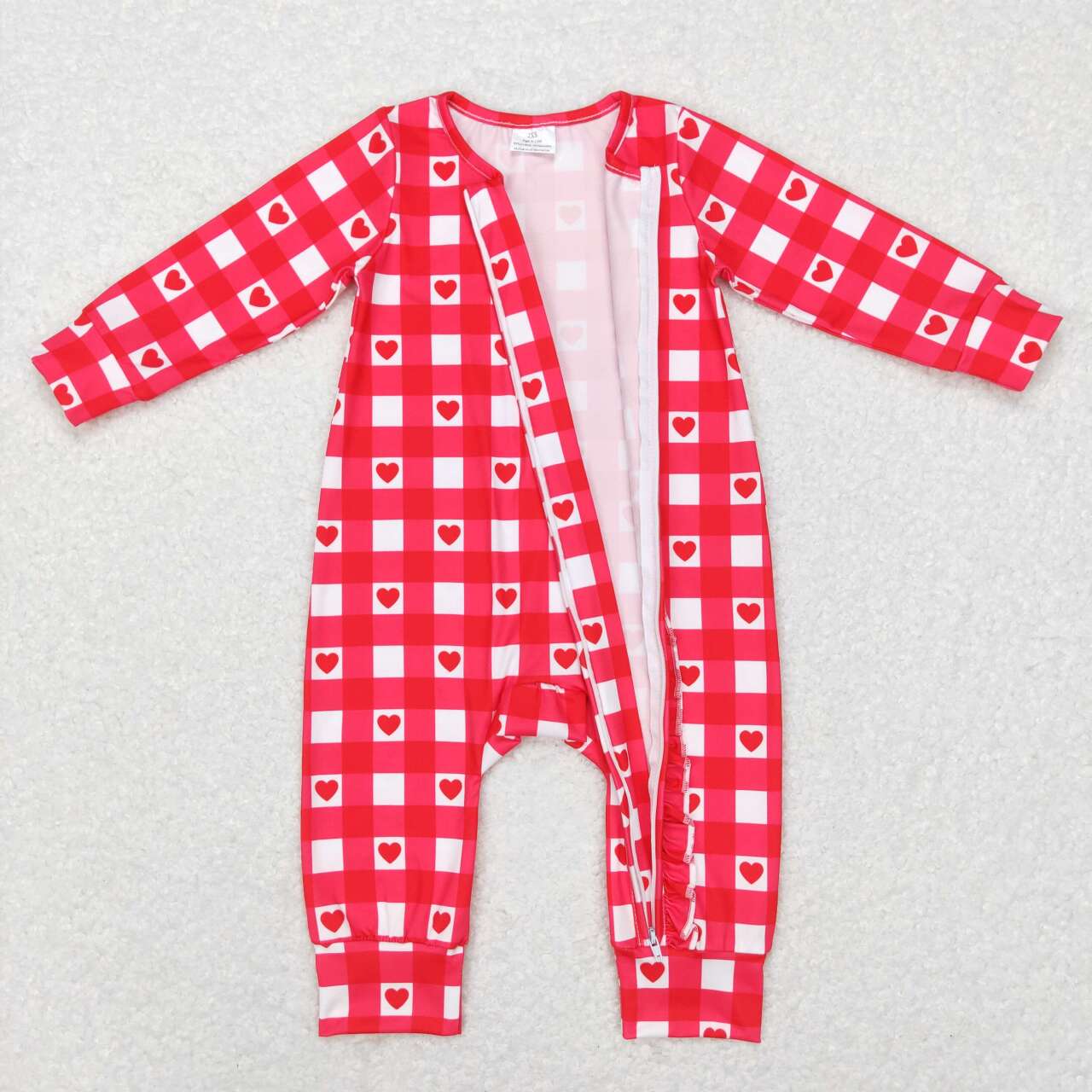 LR0832 Valentine's Day red heart checkered long sleeve ruffles girls romper