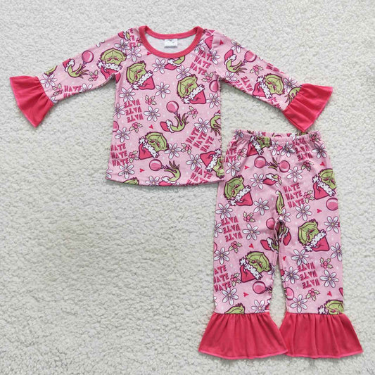 GLP0656 Christmas green face pink long sleeve pants girls pajamas