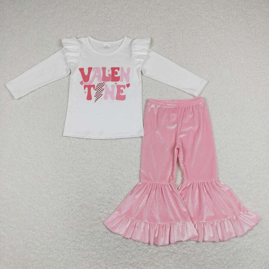 GLP1141 Valentine's Day Valen Tine Long Sleeve Pink Velvet Pants Girls Set