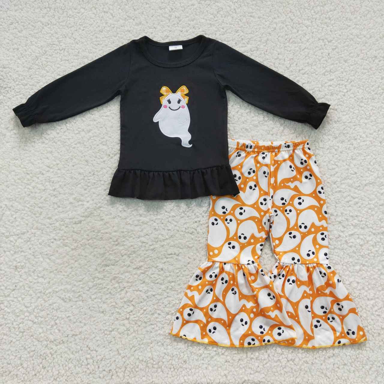 GLP0608 Halloween Spooky Black Long Sleeve Orange Pants Girls Set