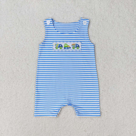 SR1005 embroidery Construction Truck Blue Striped Sleeveless Boys Romper