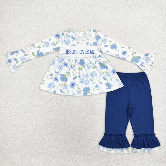 GLP1669 Jesus loves ne fkiwers long sleeve blue pants girls set