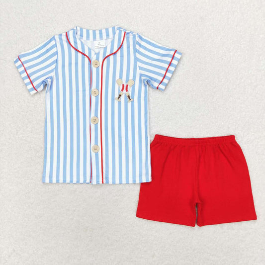 BSSO0800 embroidery play baseball blue striped short sleeve red shorts boys set