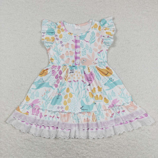 GSD0701 Girl Rabbit Flowers Flutter Sleeve Girls Dress Kids Easter Clothes