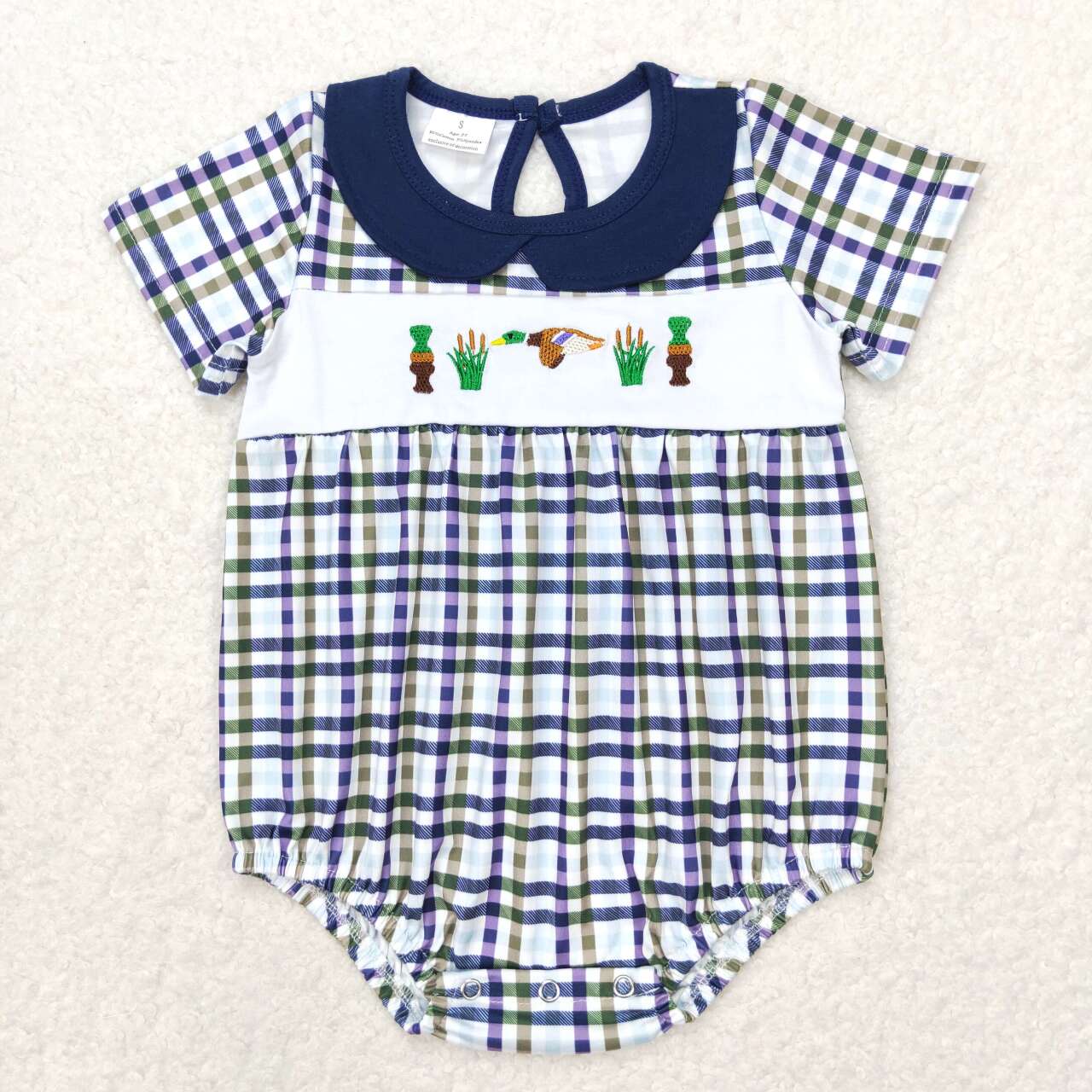 SR1242 embroidery mallard duck green checkered girls romper