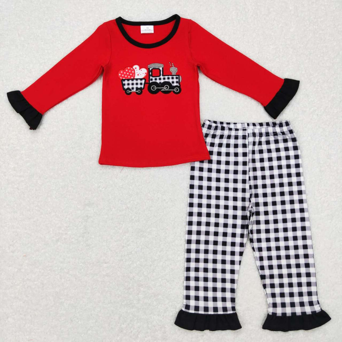 GLP0909 Valentine's Day heart truck red long sleeve black striped cell pants girls set