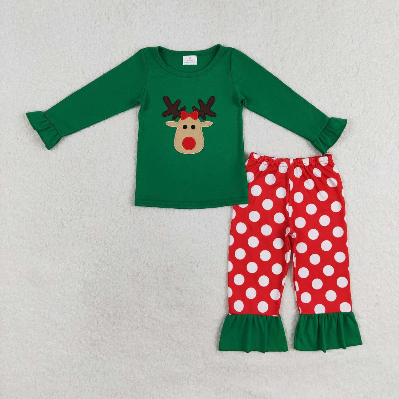 GLP1301 embroidery Christmas deer green long sleeve red dot pants girls set
