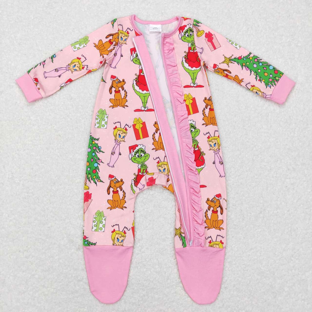 LR0806 Christmas green face pink long sleeve girls romper