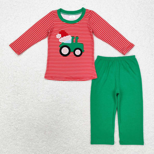 embroidery BLP0679 Christmas hat truck red striped long sleeve green pants boys set