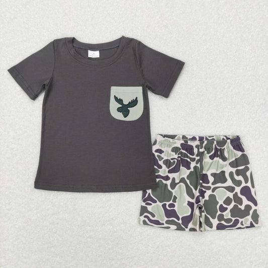 BSSO0303 Hunting deer dark grey pocket short sleeve camo shorts boys set