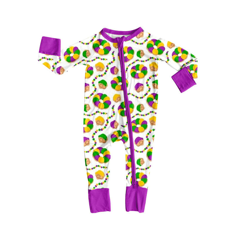Custom moq 20 bamboo Mardi Gras dount purple zipper long sleeve girls romper