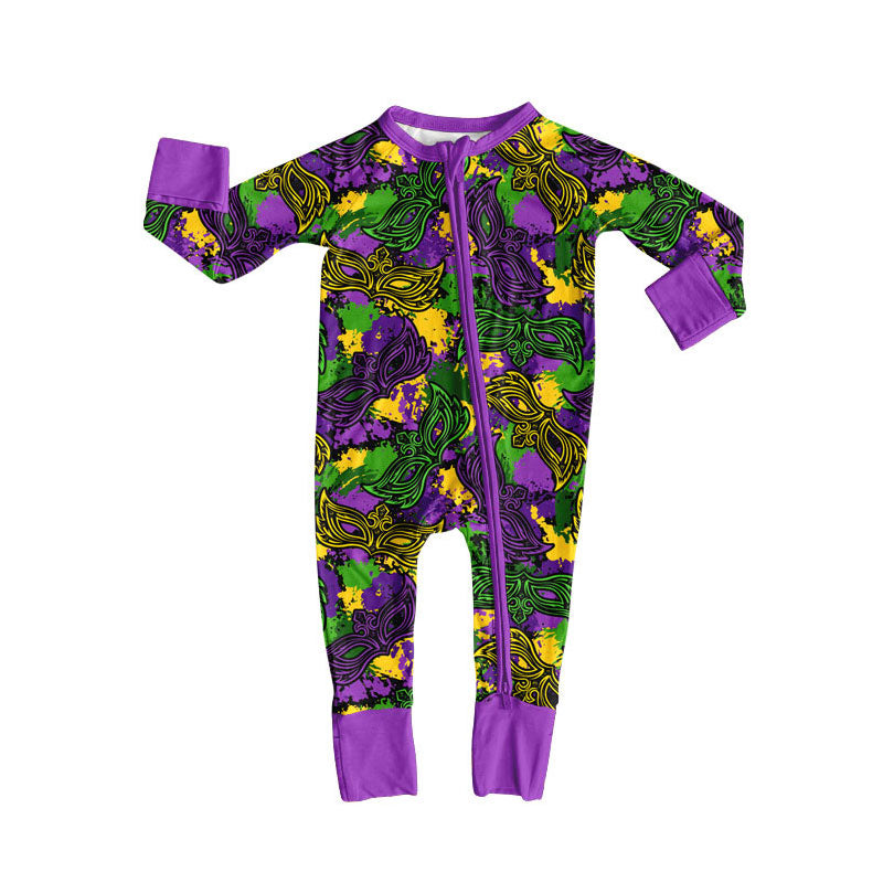 Custom moq 20 bamboo Mardi Gras mask camo purple zipper long sleeve girls romper