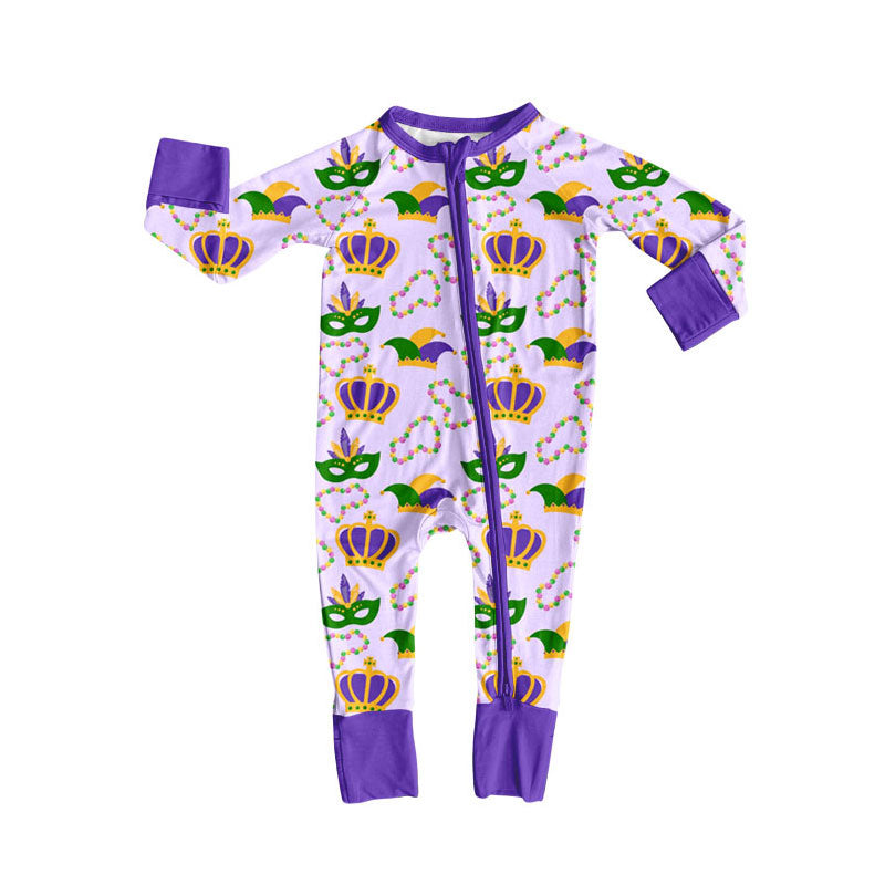 Custom moq 20 bamboo Mardi Gras mask purple zipper long sleeve girls romper