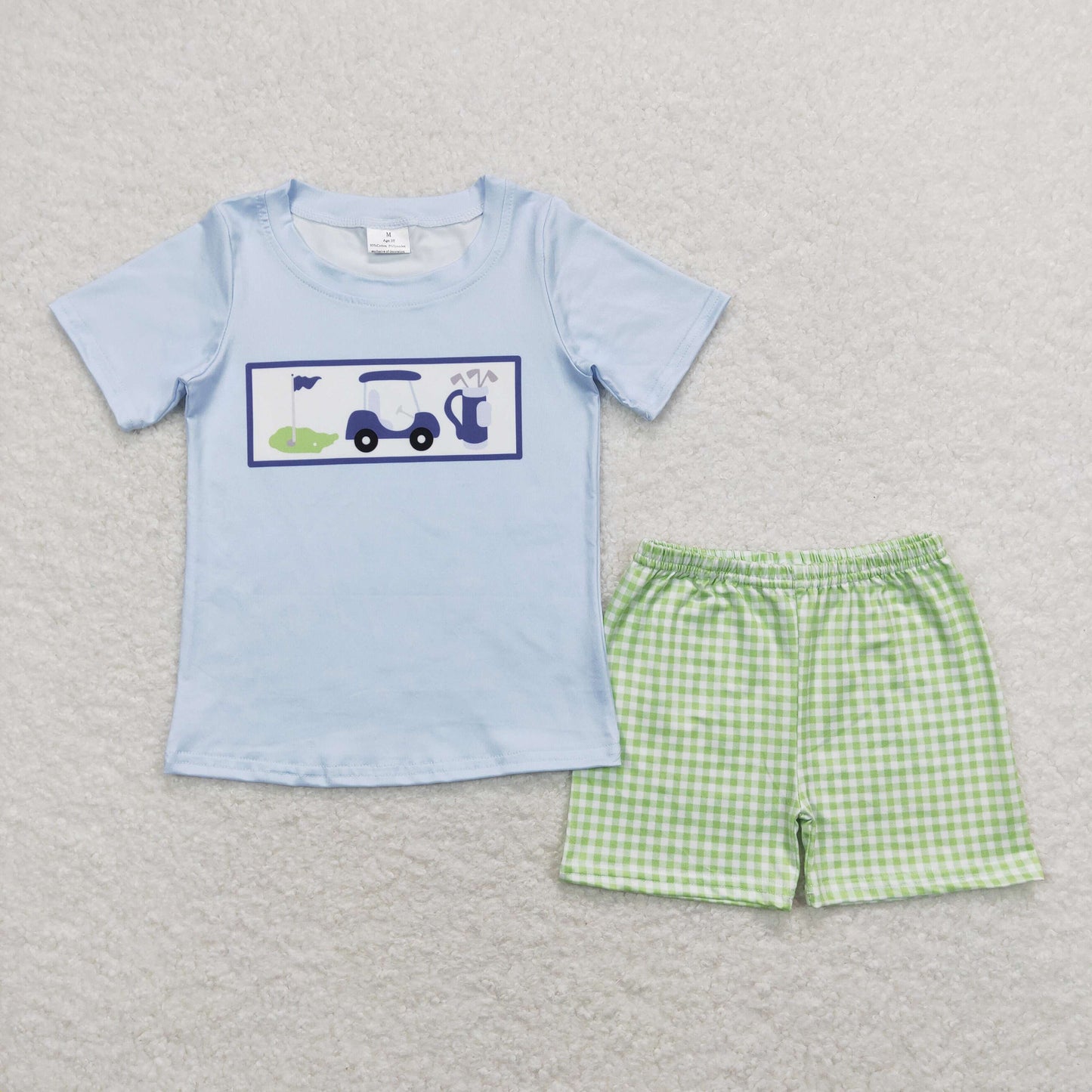 BSSO0697 Golf blue short sleeve green checkered shorts boys set