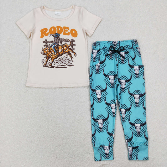 BSPO0308 Western Rodeo Short Sleeve Cow Blue Pockets Pants Boys Set