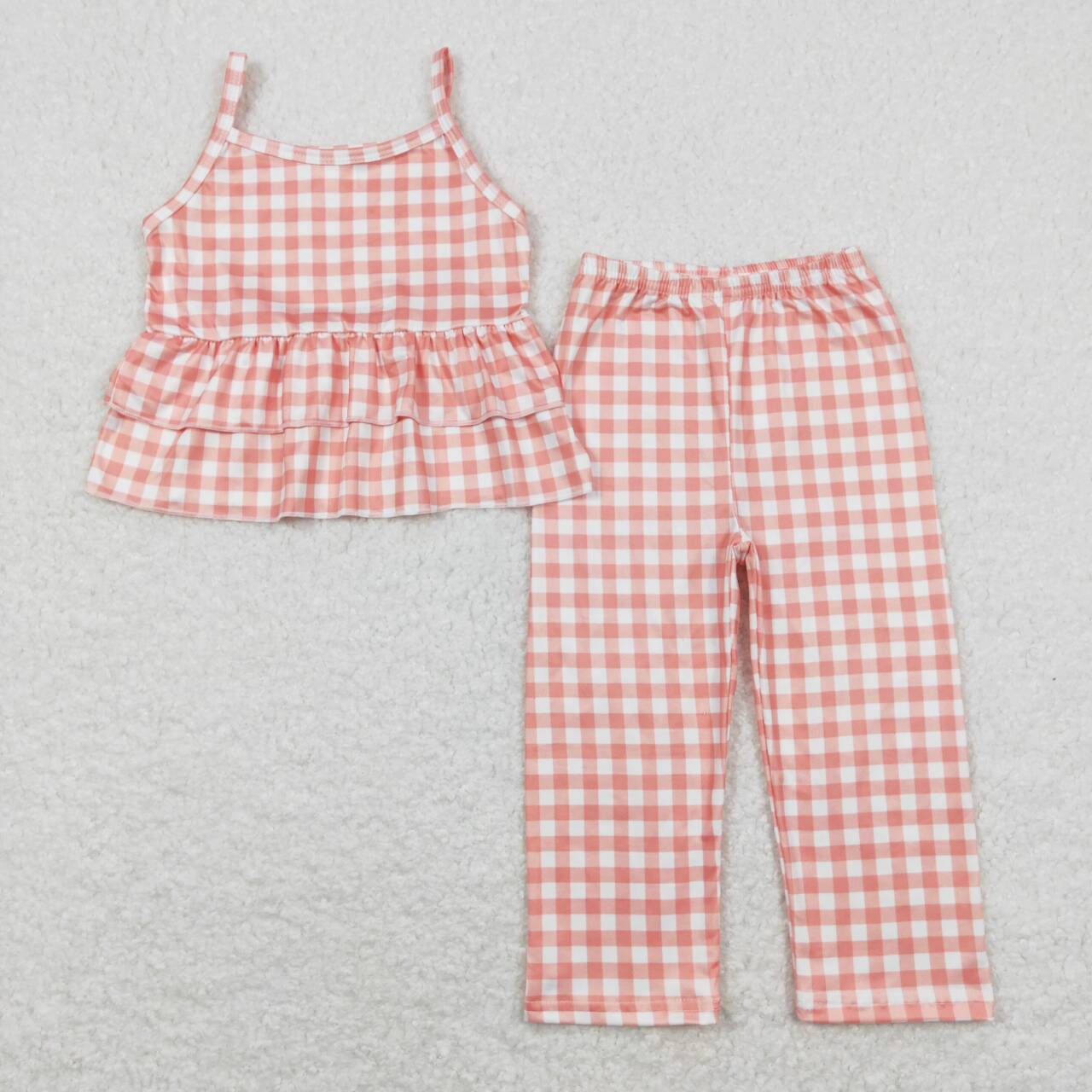 GSPO1377 Orange checkered sleeveless pants girls set