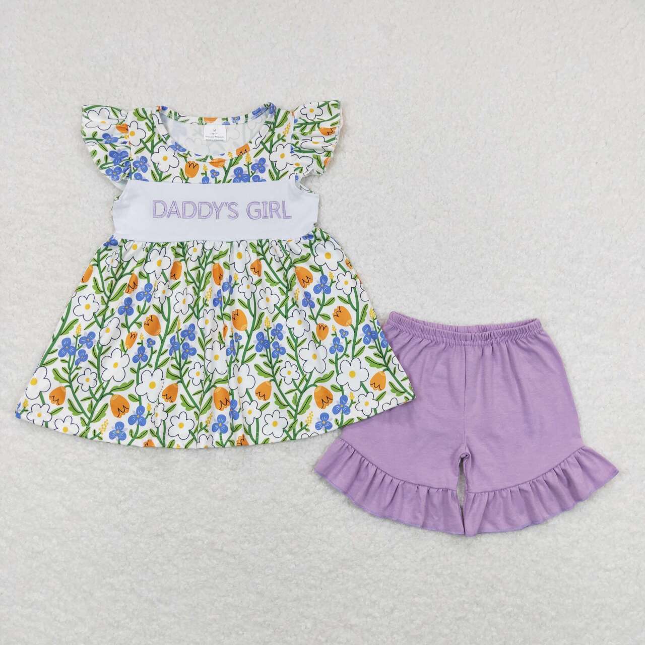 GSSO0557 embroidery daddy's girl flowers flutter sleeve purple shorts girls set
