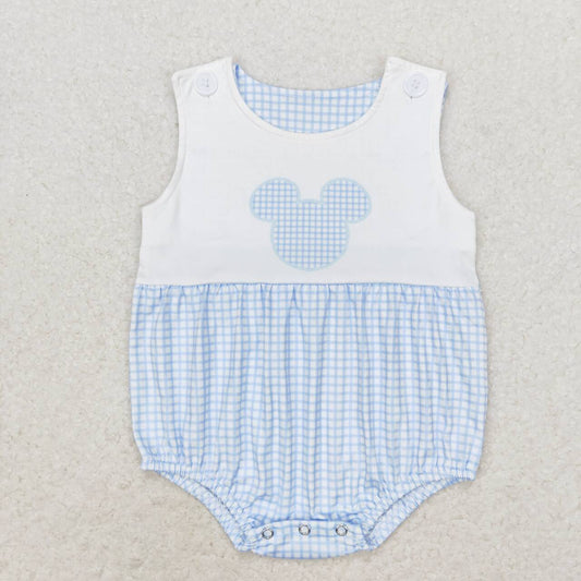 SR1534 cartoon M blue checkered sleeveless boys romper