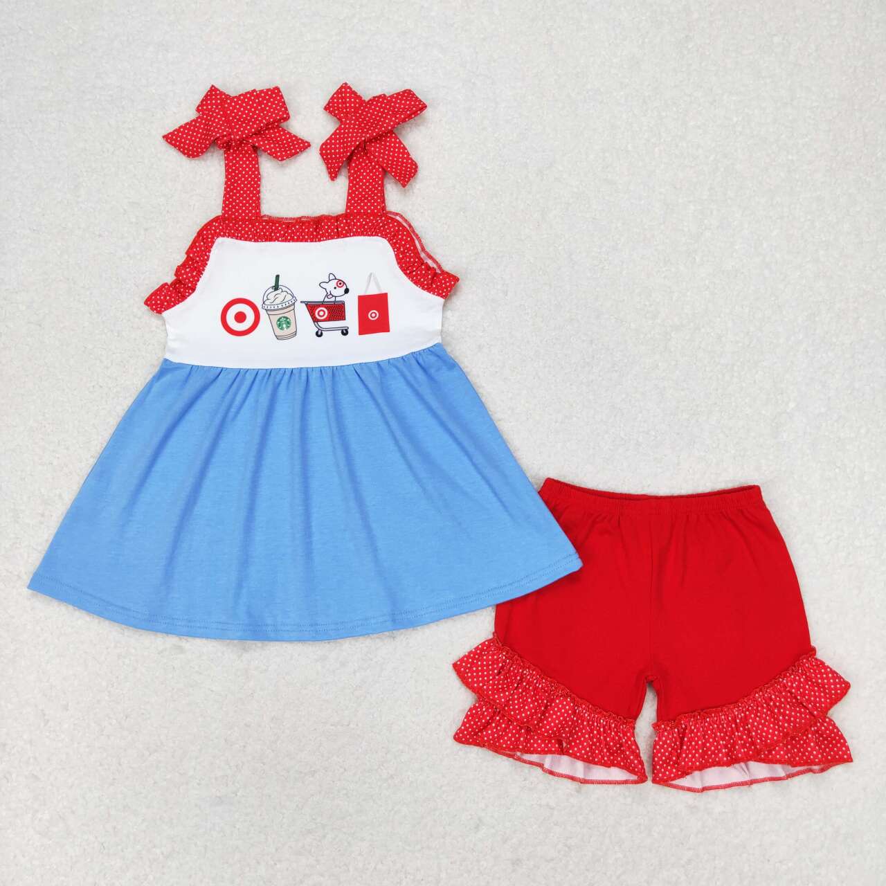 GSSO1205 dog coffee target blue lace-up top red shorts girls set