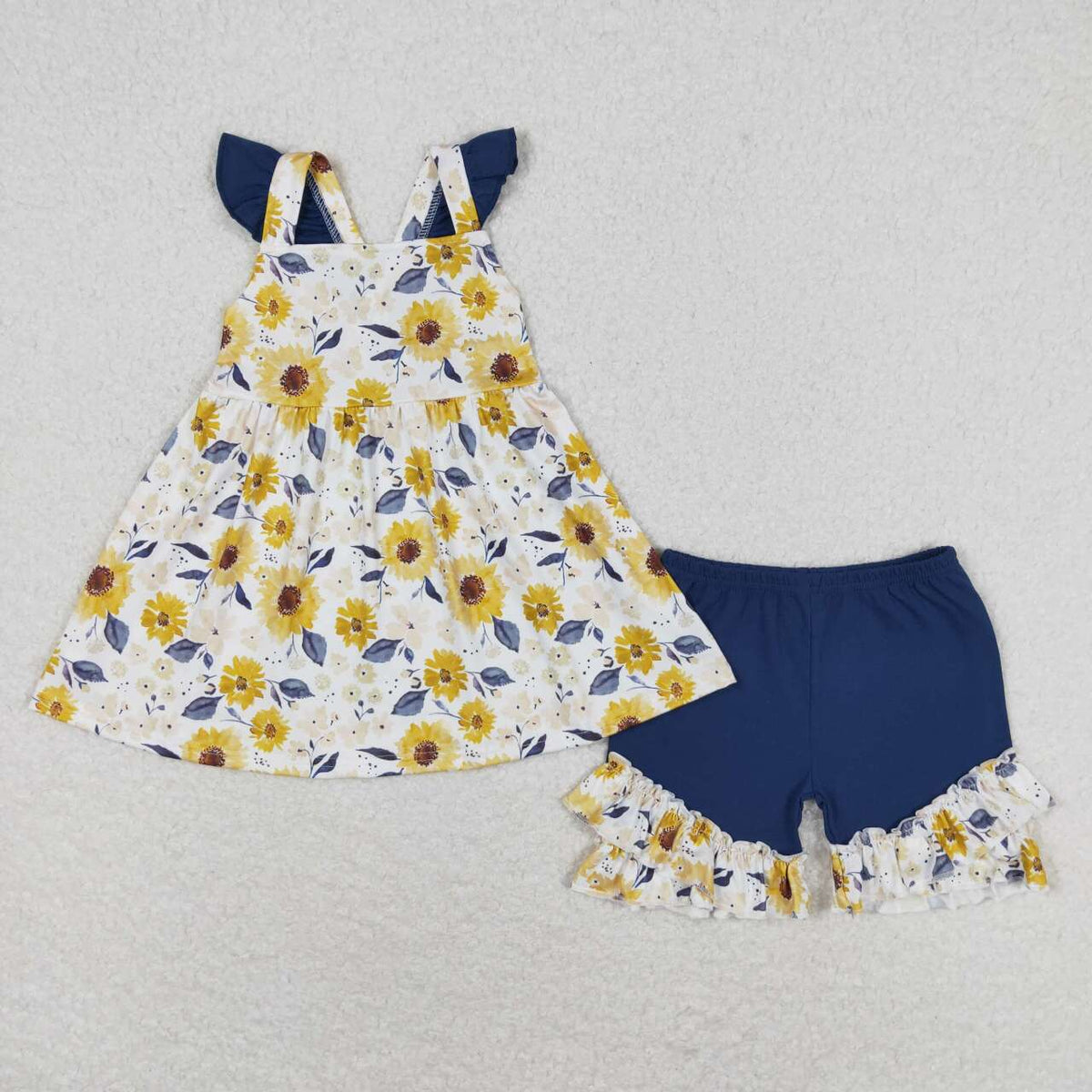 GSSO1006 yellow flowers flutter sleeve blue shorts girls set