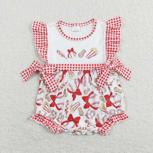 USA SHOP SR0848 Baseball Red Checkered Ruffles Flutter Sleeve Girls Romper