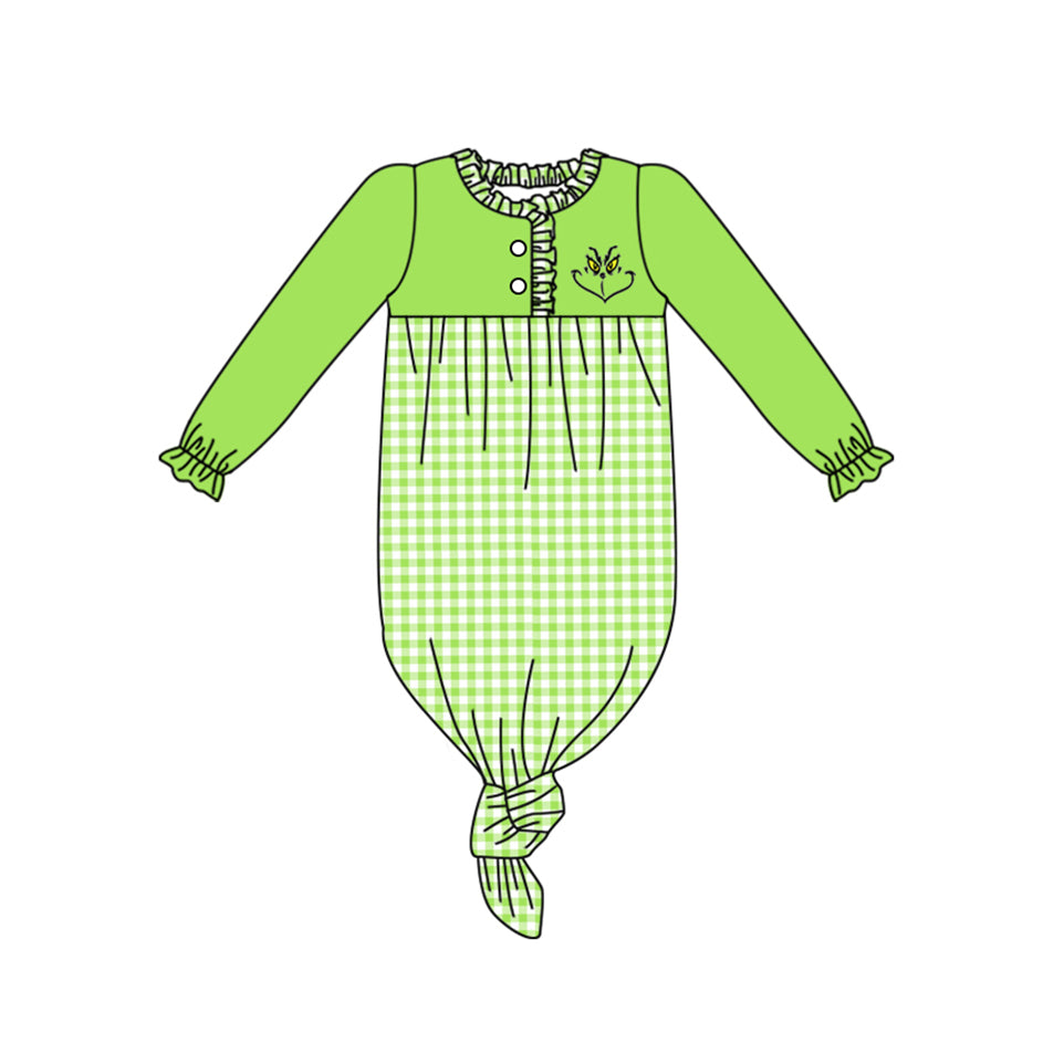 preorder NB0040 Christmas green face green checkered long sleeve girls newborn gown