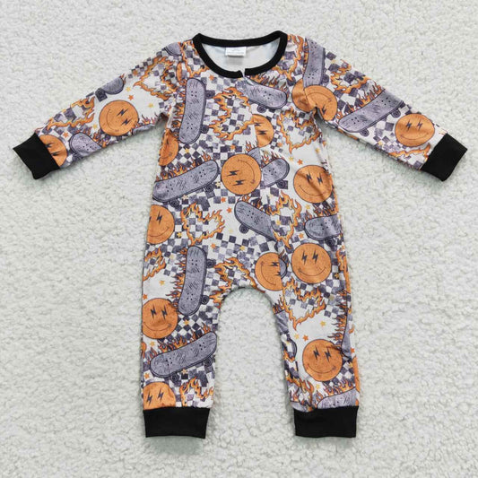 LR0305 Orange Smile Scooter Black Kids Long Sleeve Romper