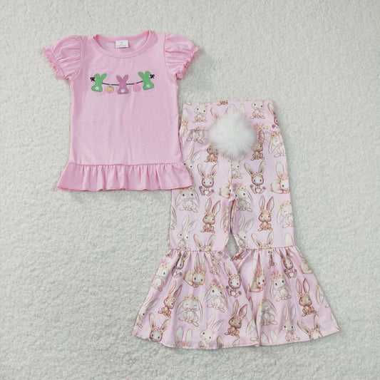 GSPO1346 Easter Rabbit Pink Short Sleeve Pink Pom-pom Pants Girls Set