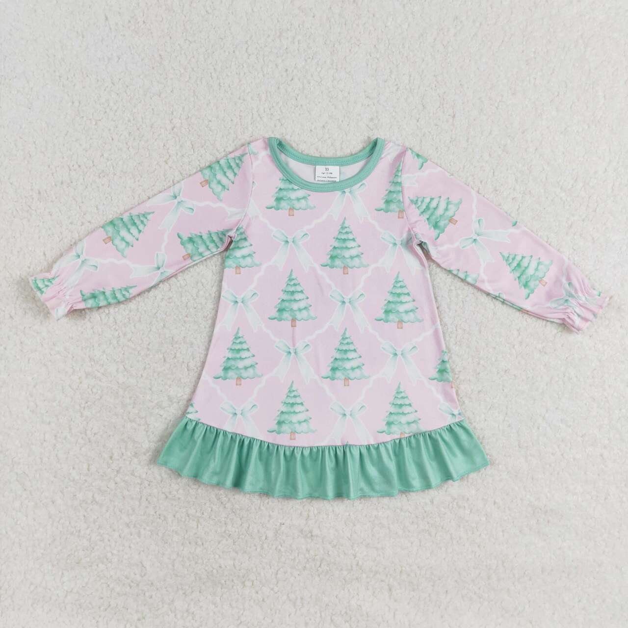 GLD0538 Christmas green tree pink long sleeve girls dress