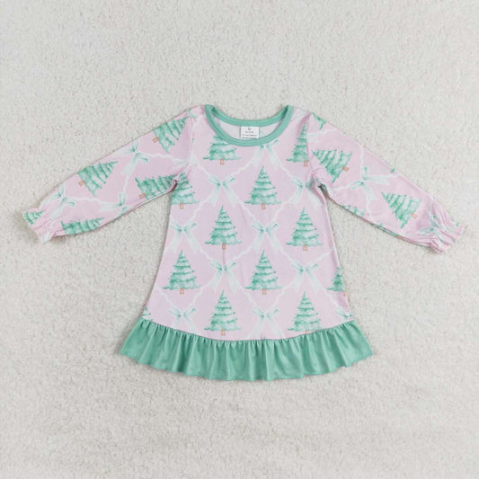 GLD0538 Christmas green tree pink long sleeve girls dress