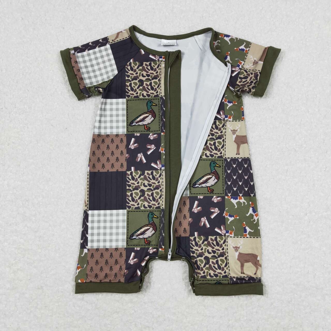 SR0902 Hunting Mallard Deer Brown Green Checkered Short Sleeve Zipper Boys Romper