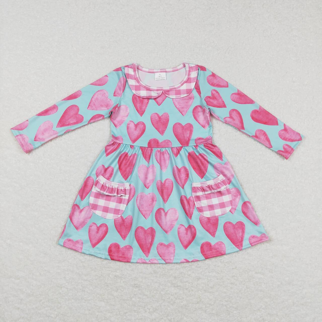 GLD0455 Valentine's Day pink heart pocket long sleeve girls dress