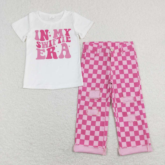 GSPO1403 In My white short sleeve Hot pink checkered denim pants girls set