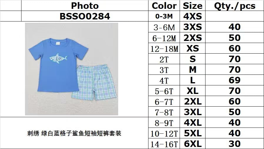 BSSO0284 Fishing blue short sleeve purple & green striped shorts boys set
