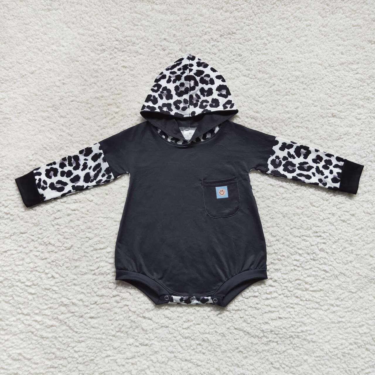 LR0594 Smile black cow print long sleeve hoodie kids romper