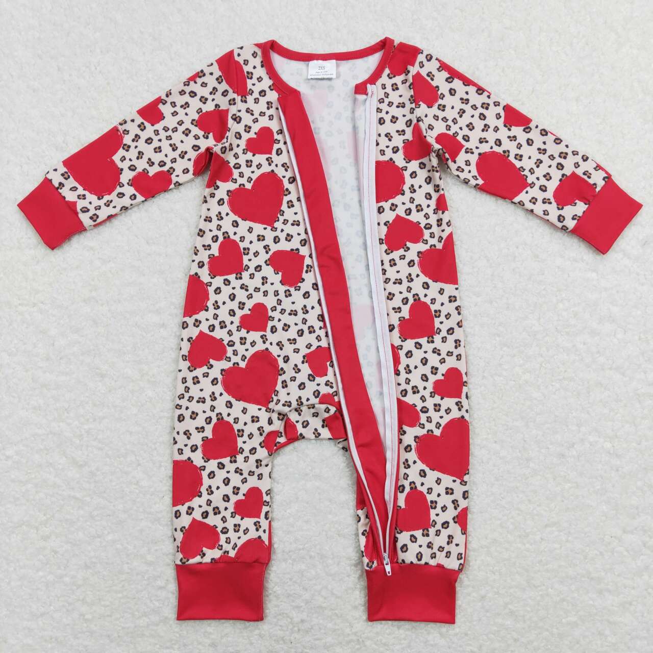 LR0775 Valentine's Day red heart leopard long sleeve girls romper