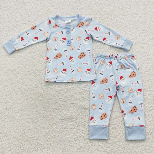 BLP0238 Christmas Santa Claus Cookie Blue Long Sleeve Pants Boys Pajamas