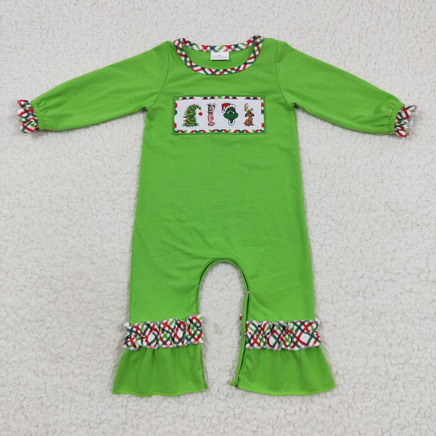 preorder LR0324 Embroidery Christmas green face long sleeve kids romper