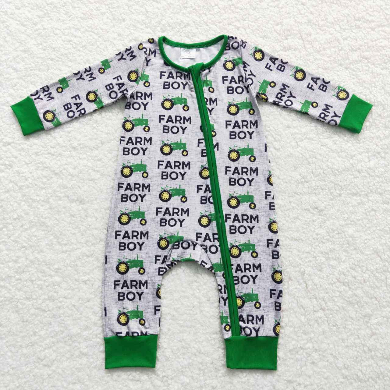 LR0688 Farm boy tractor green long sleeve boys romper